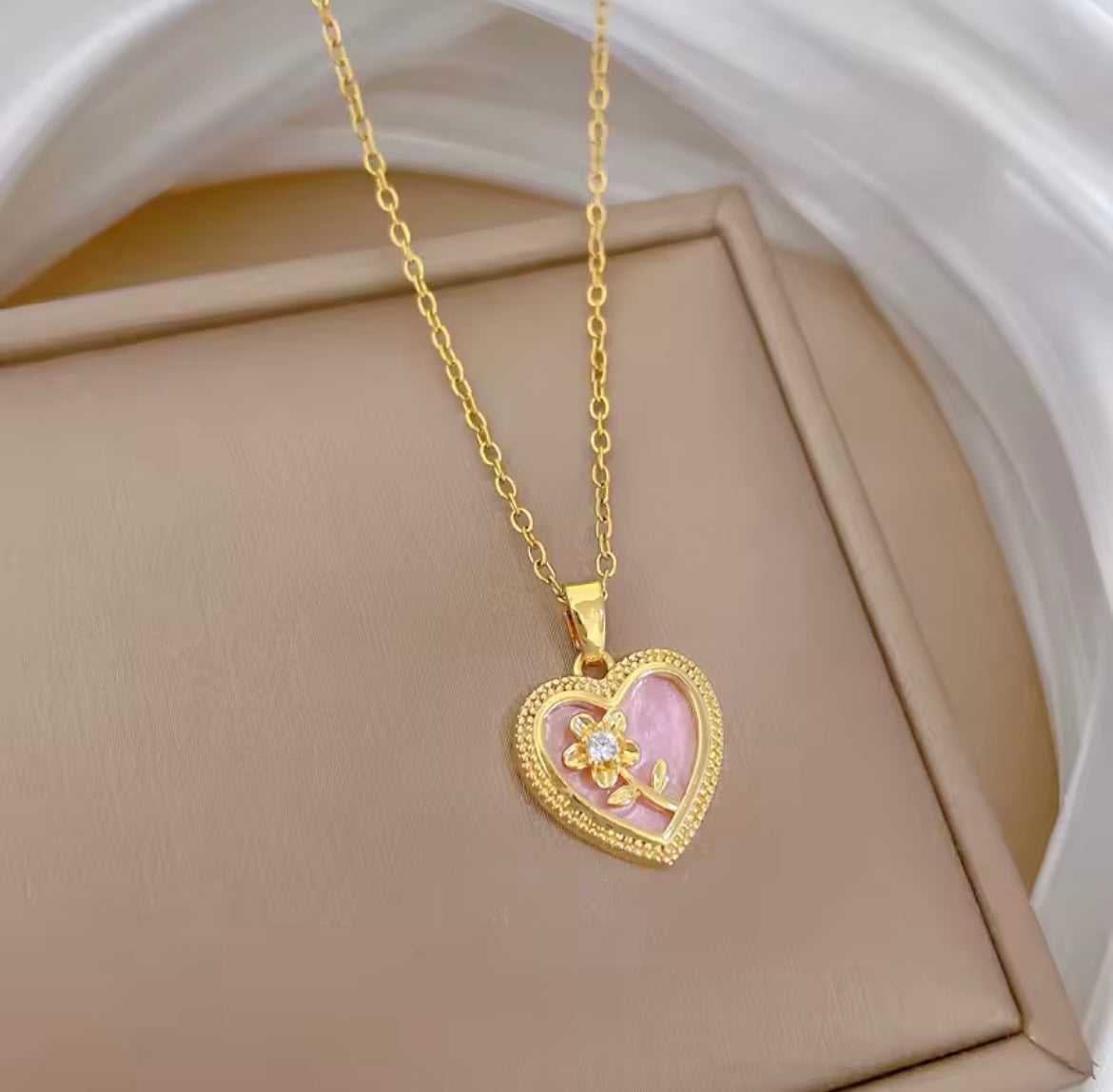 Stainless Steel Chain Necklace Romantic Pink Enamel Zircon Flower Love Heart Pendant