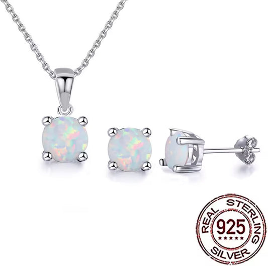 925 Sterling silver round opal Necklace and earring set