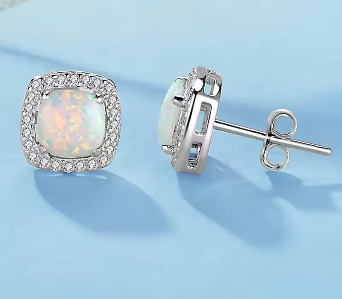 925 Sterling Silver square opal stud earrings