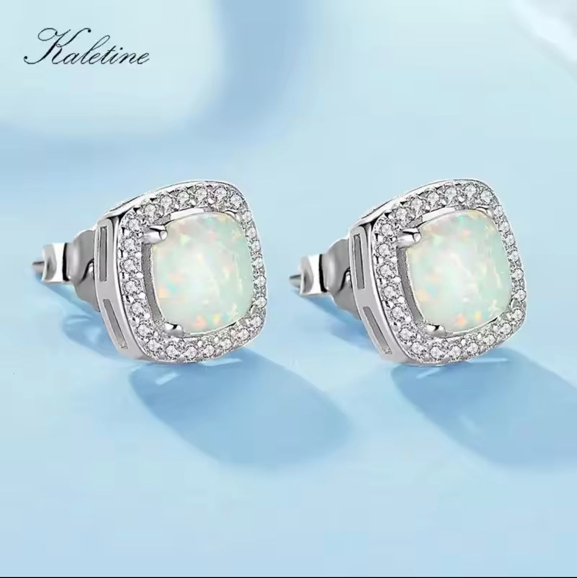 925 Sterling Silver square opal stud earrings
