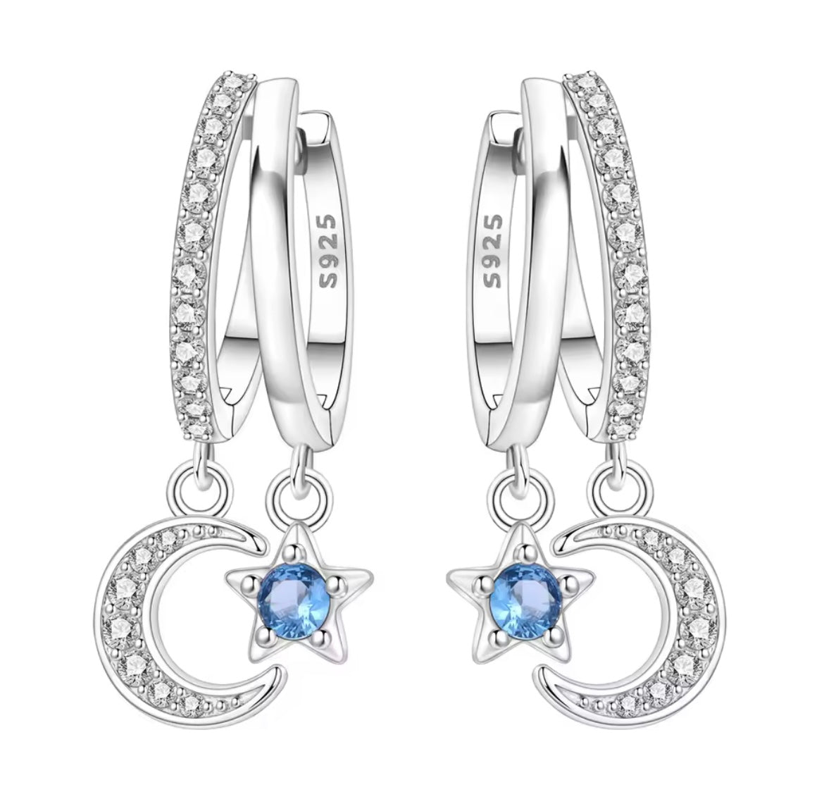 925 Sterling Silver Double Circle Star Moon Earrings