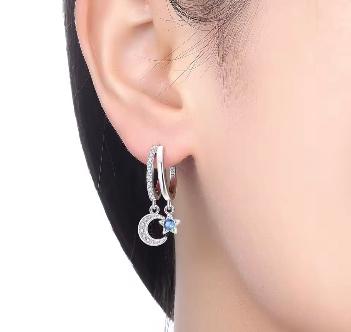 925 Sterling Silver Double Circle Star Moon Earrings