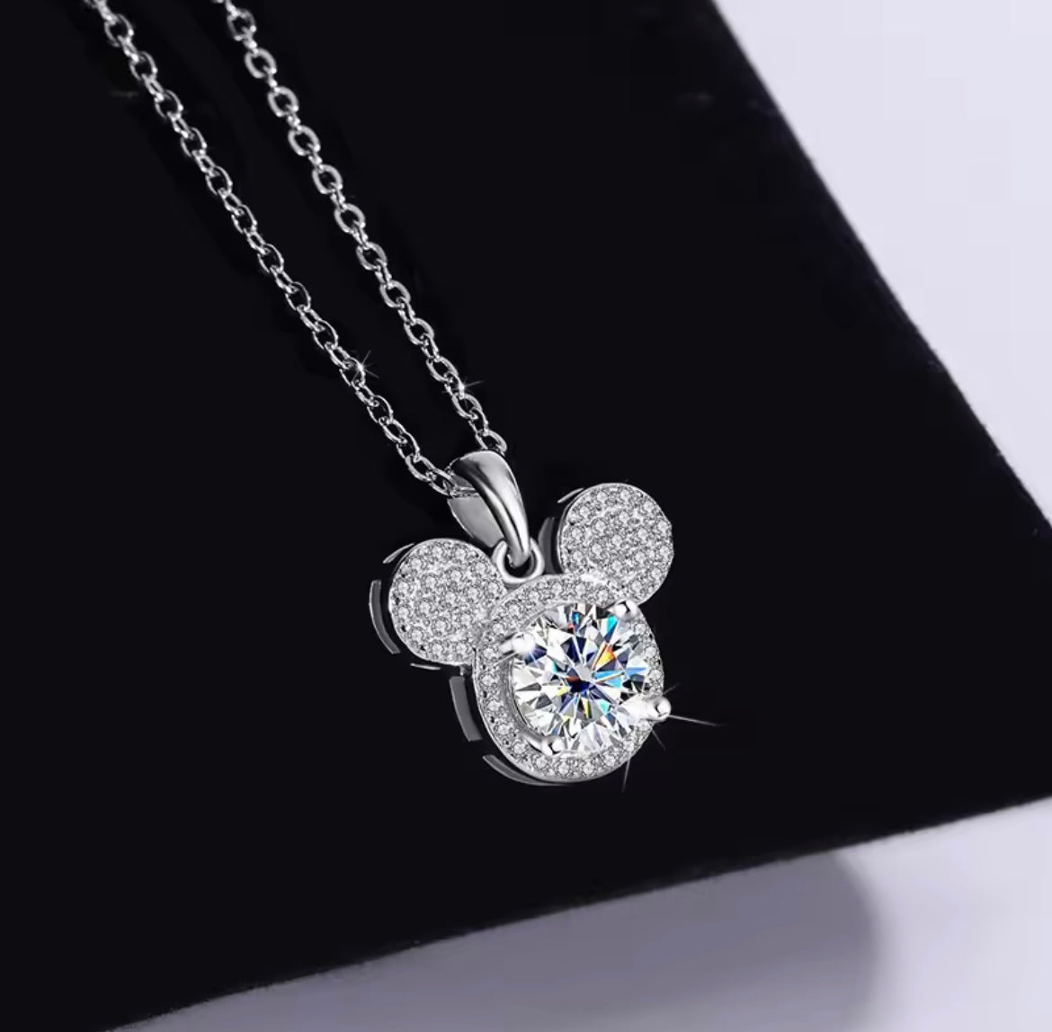925 Sterling Silver White Zircon Mickey Pendant Necklace