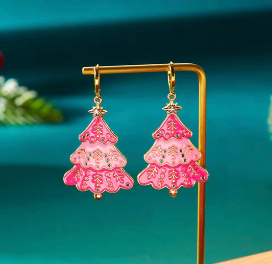 Pink Enamel Christmas Tree Earrings