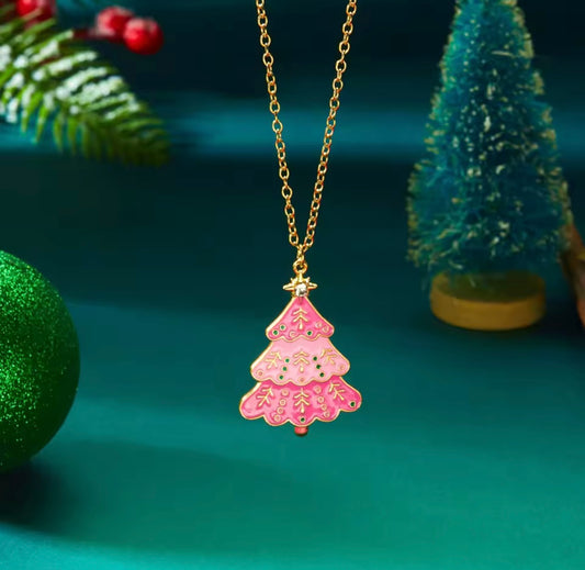 Pink Enamel Christmas Tree necklace