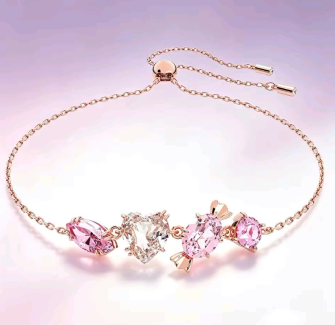 Rose gold Pink Gemstone Candy & Heart Charm Adjustable Bolo Bracelet
