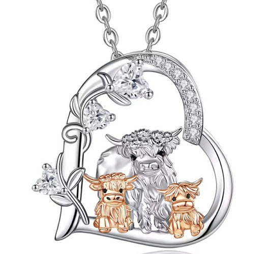 925 Sterling Silver Highland Cow Mother & Baby Heart Necklace