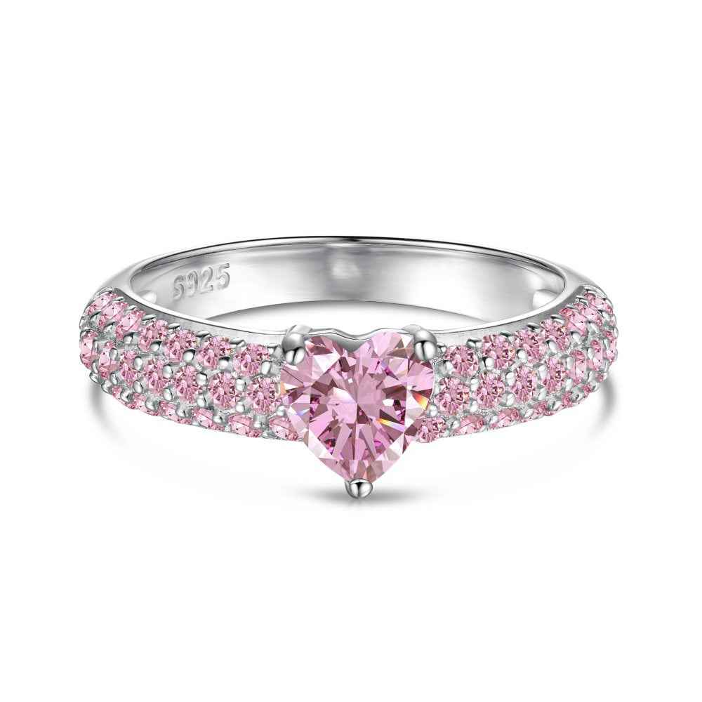 925 Sterling Silver Pink Pavé Heart Ring