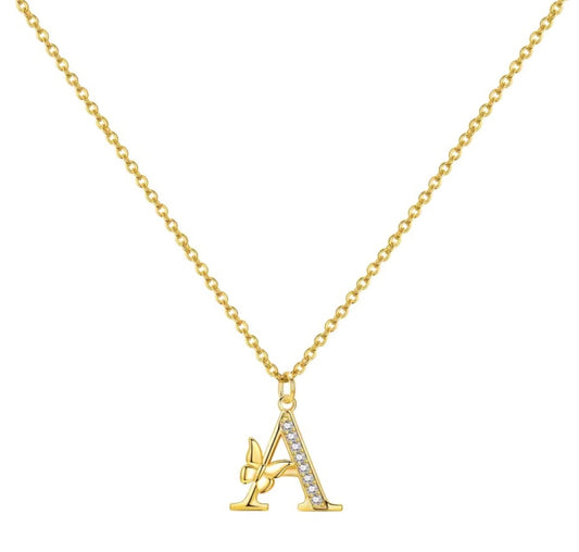 925 Sterling Silver Gold-Plated Butterfly Initial Letter Necklace