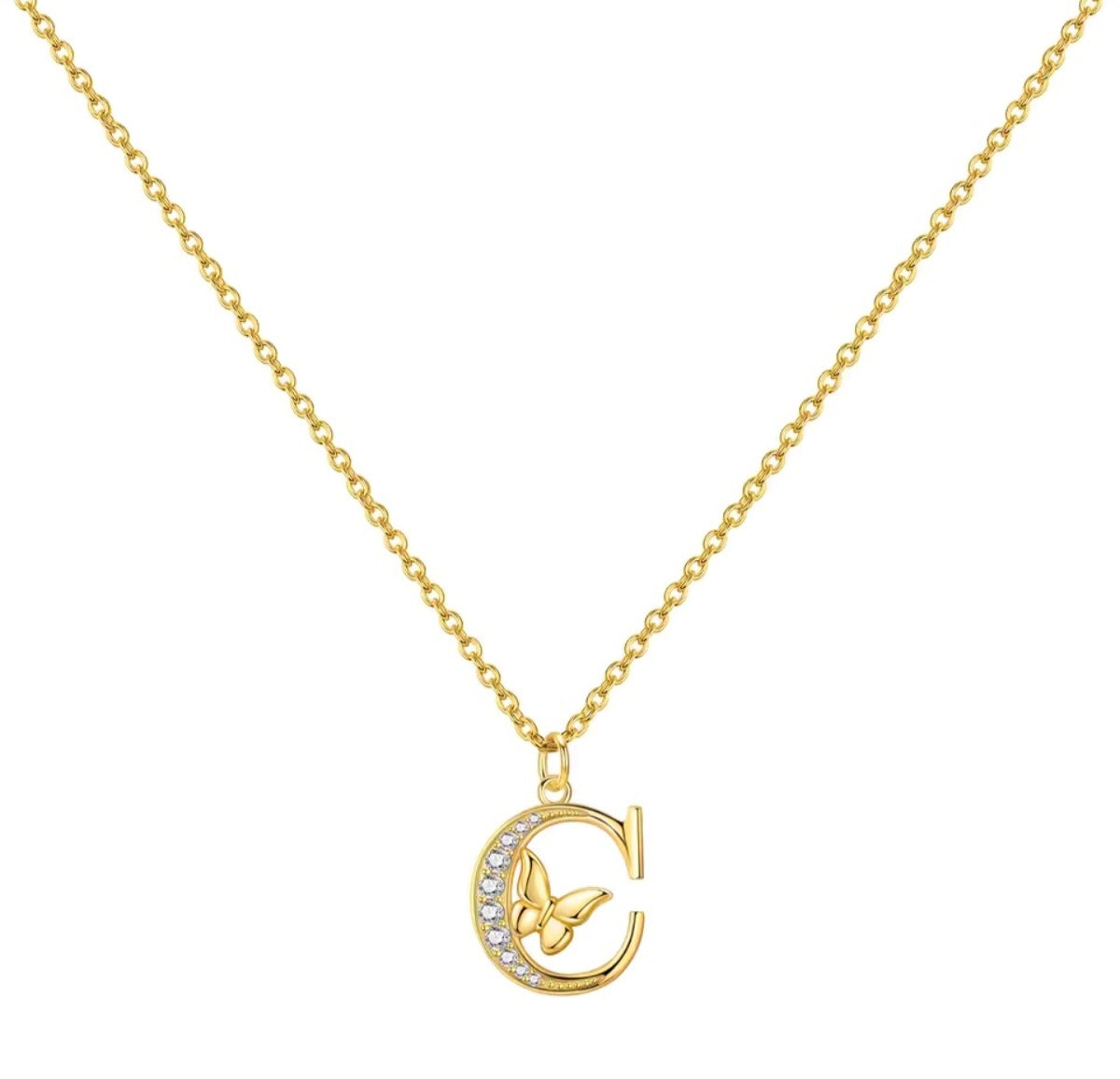 925 Sterling Silver Gold-Plated Butterfly Initial Letter Necklace