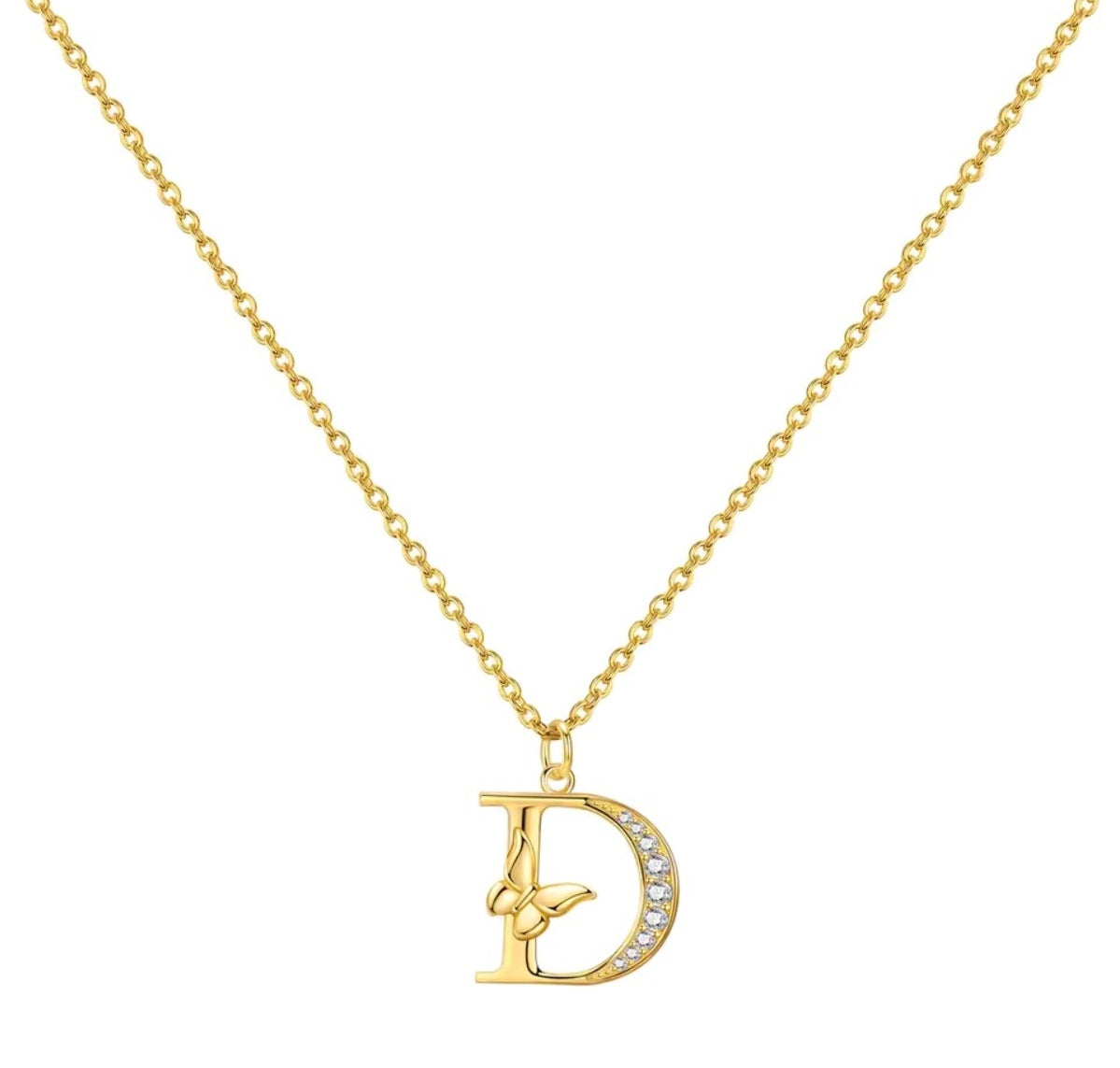 925 Sterling Silver Gold-Plated Butterfly Initial Letter Necklace
