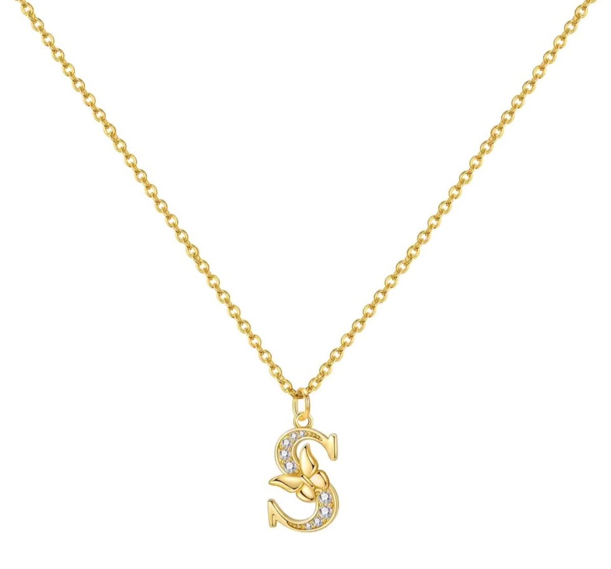 925 Sterling Silver Gold-Plated Butterfly Initial Letter Necklace