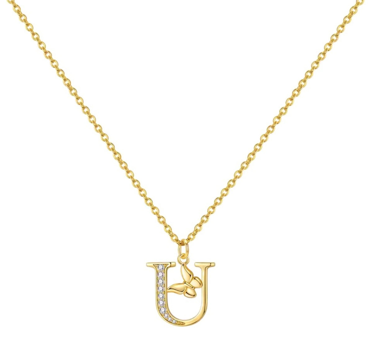 925 Sterling Silver Gold-Plated Butterfly Initial Letter Necklace