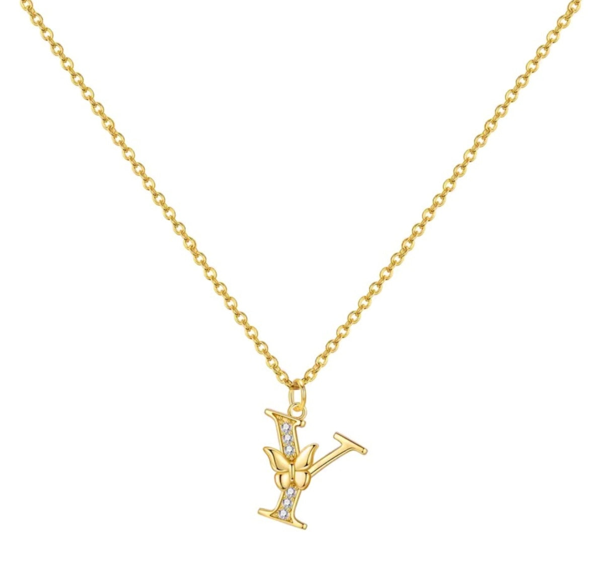 925 Sterling Silver Gold-Plated Butterfly Initial Letter Necklace