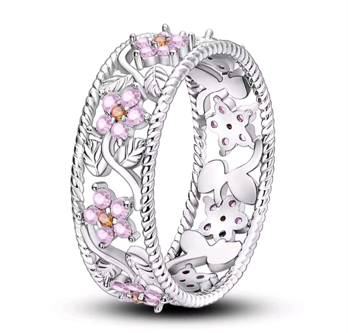 925 sterling silver pink flower ring