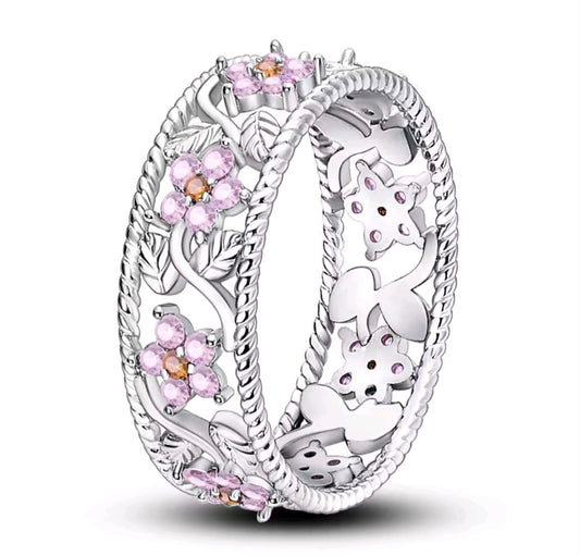 925 sterling silver pink flower ring