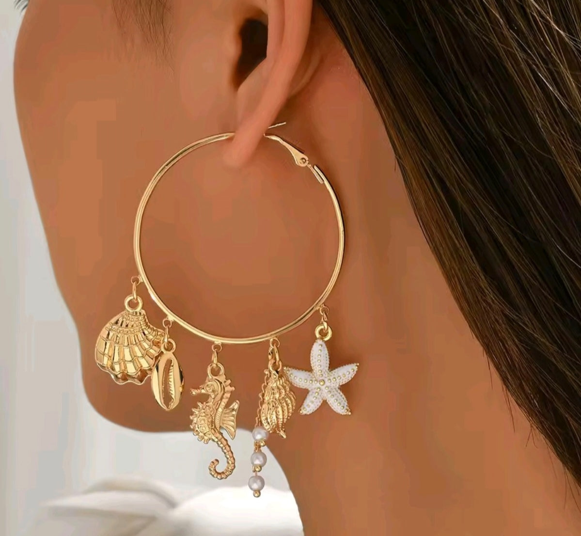 Boho  Summer Festival Beach Starfish Shel Seahorse Faux Pearl Charm Hoop Dangle Earrings