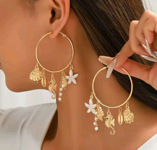 Boho  Summer Festival Beach Starfish Shel Seahorse Faux Pearl Charm Hoop Dangle Earrings