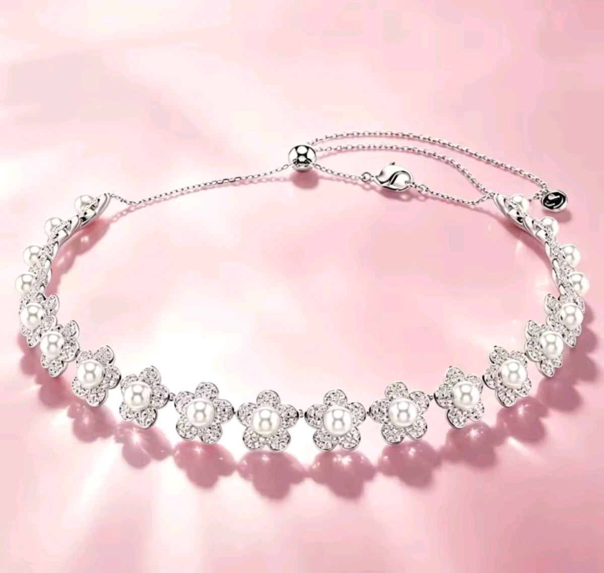 Crystal Pearl Round Cut Flower Choker Necklace