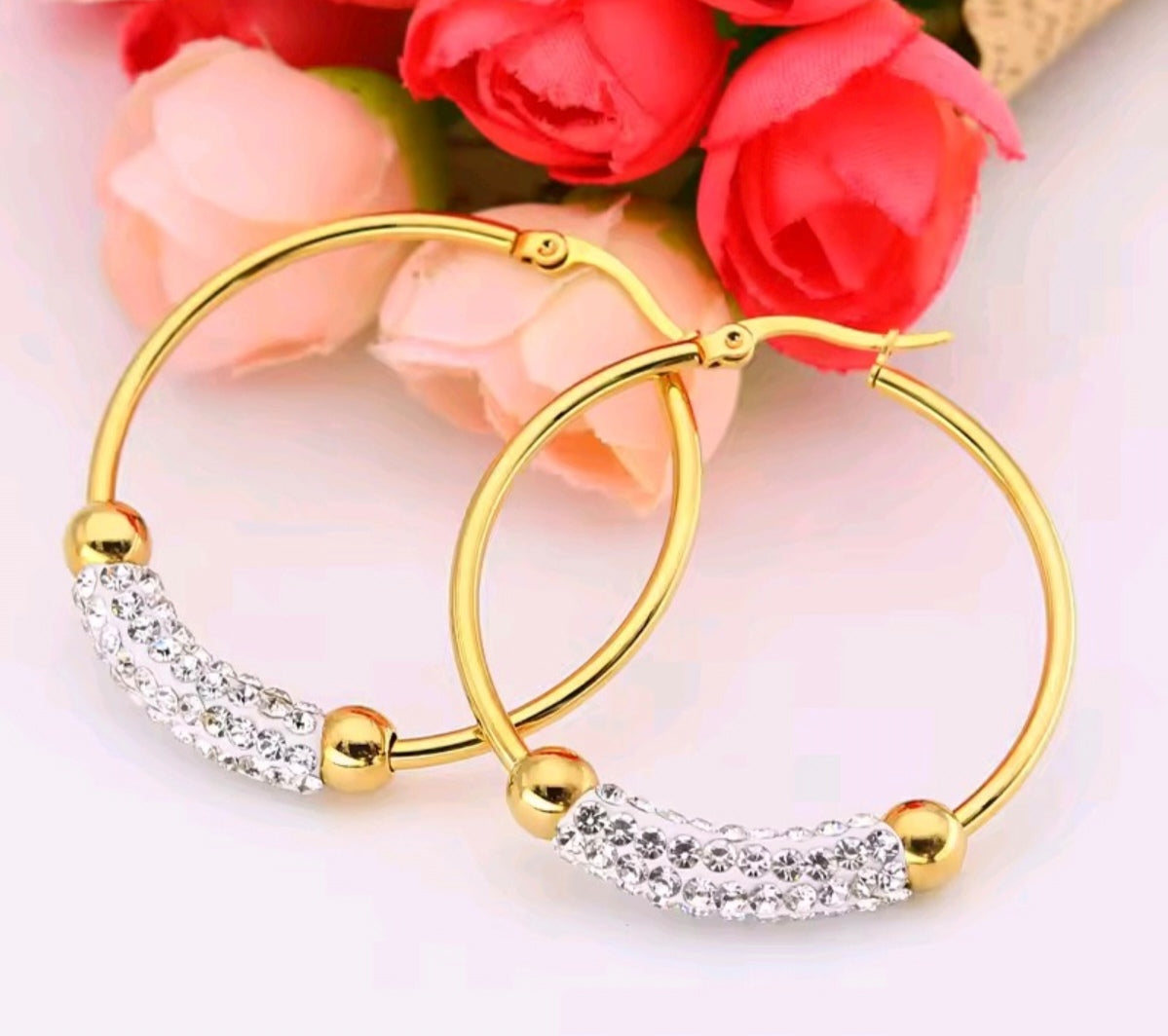 14K Gold Crystal Arc Hoop Earrings