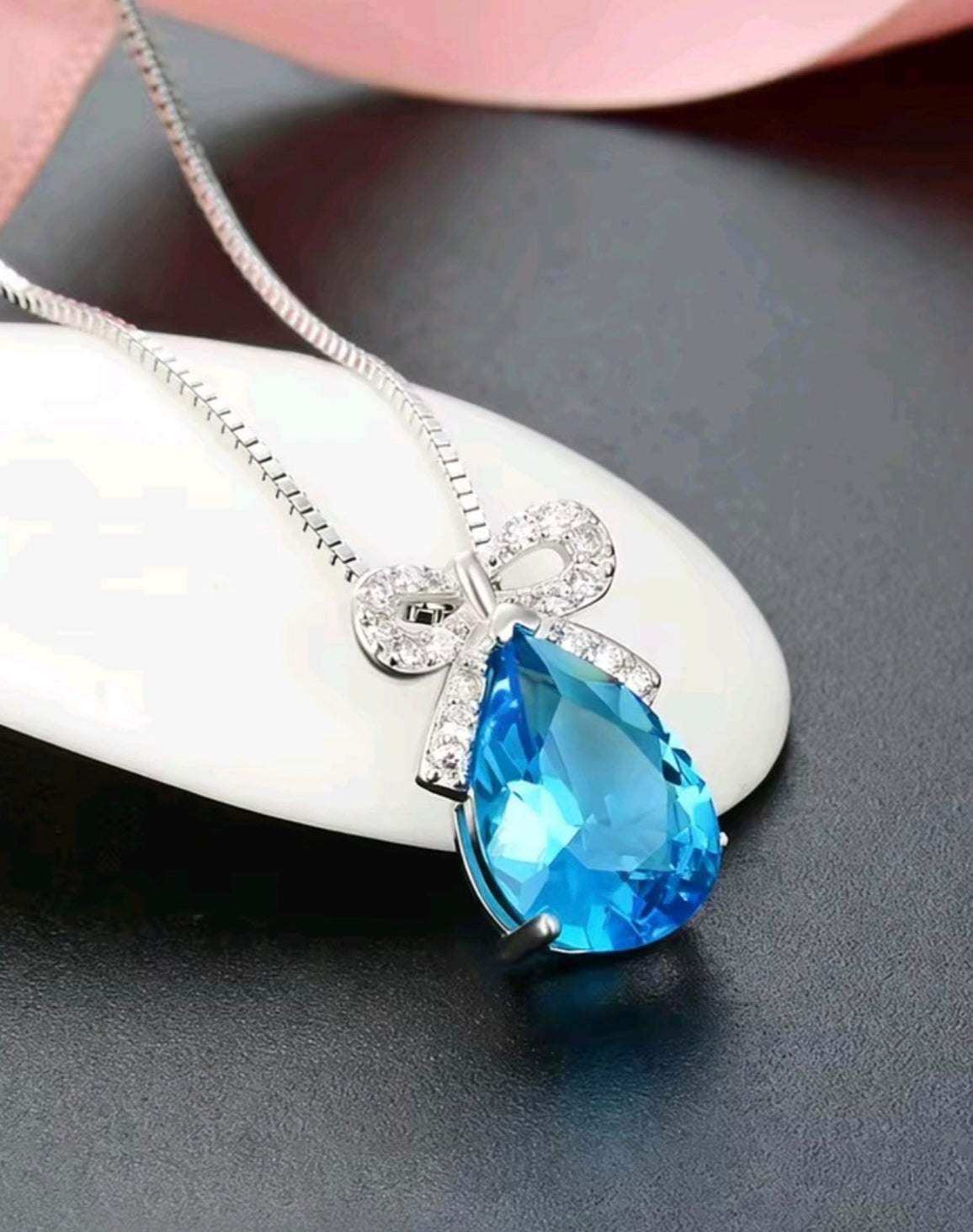 925 sterling silver blue water drop bow necklace