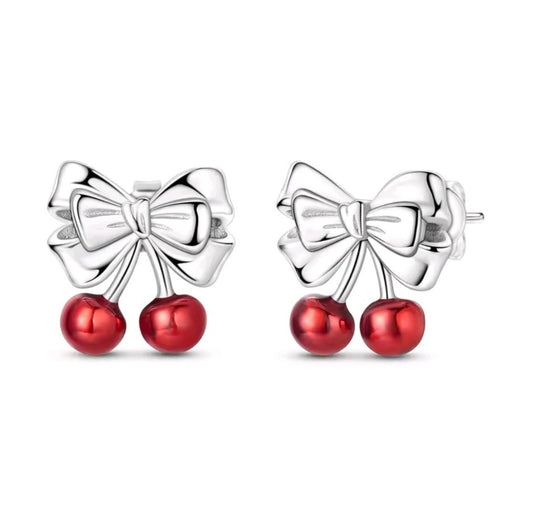 925 sterling silver bowknot cherry stud earrings