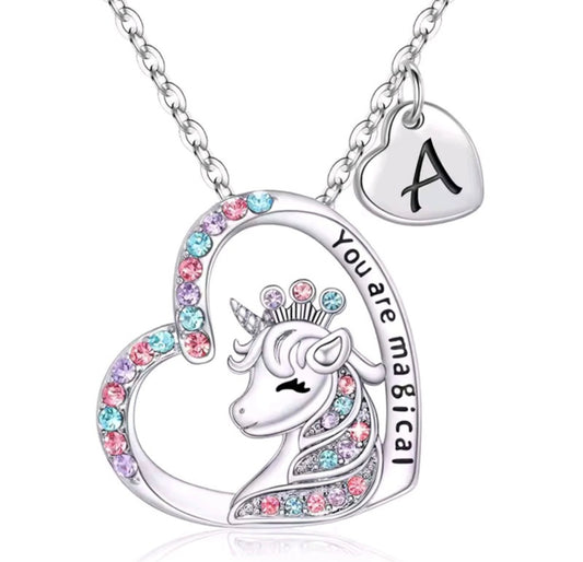 Initials letter heart unicorn necklace