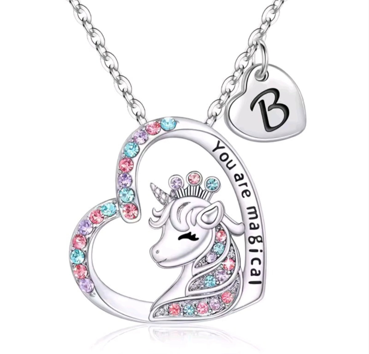 Initials letter heart unicorn necklace