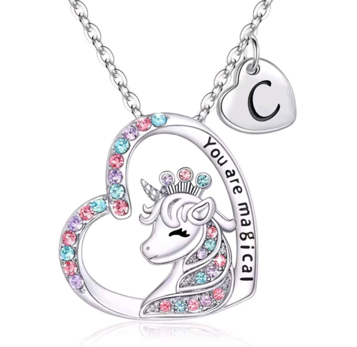 Initials letter heart unicorn necklace