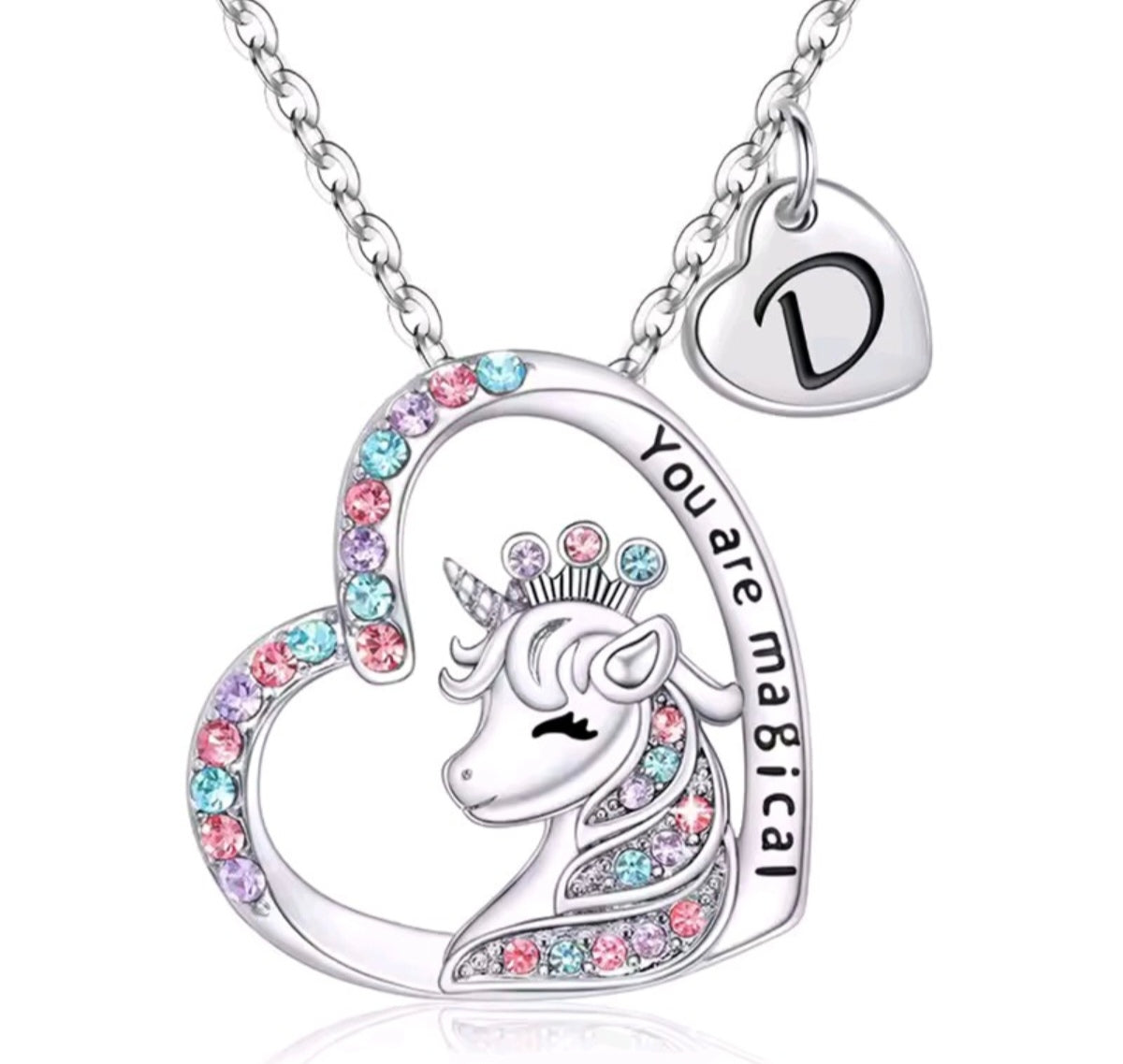Initials letter heart unicorn necklace