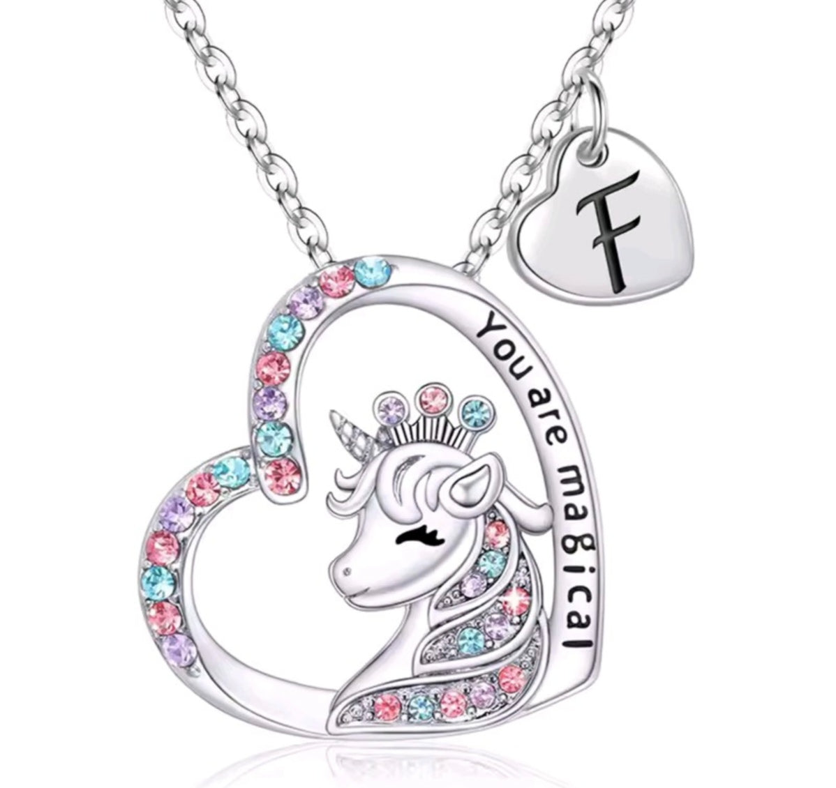 Initials letter heart unicorn necklace