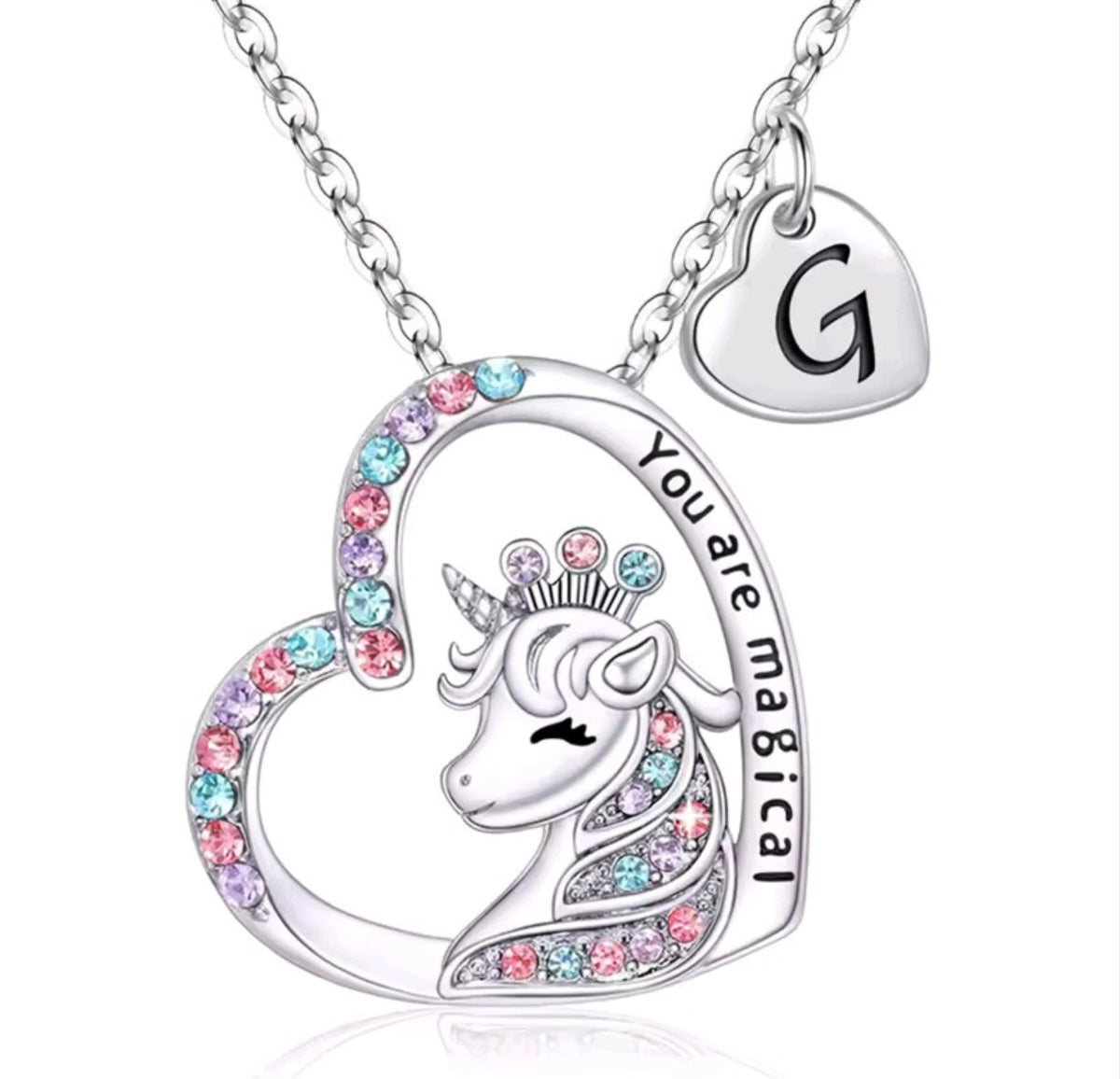 Initials letter heart unicorn necklace