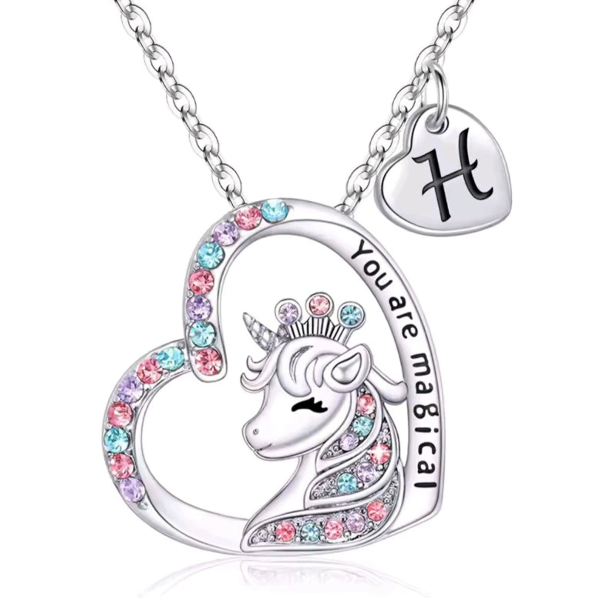 Initials letter heart unicorn necklace