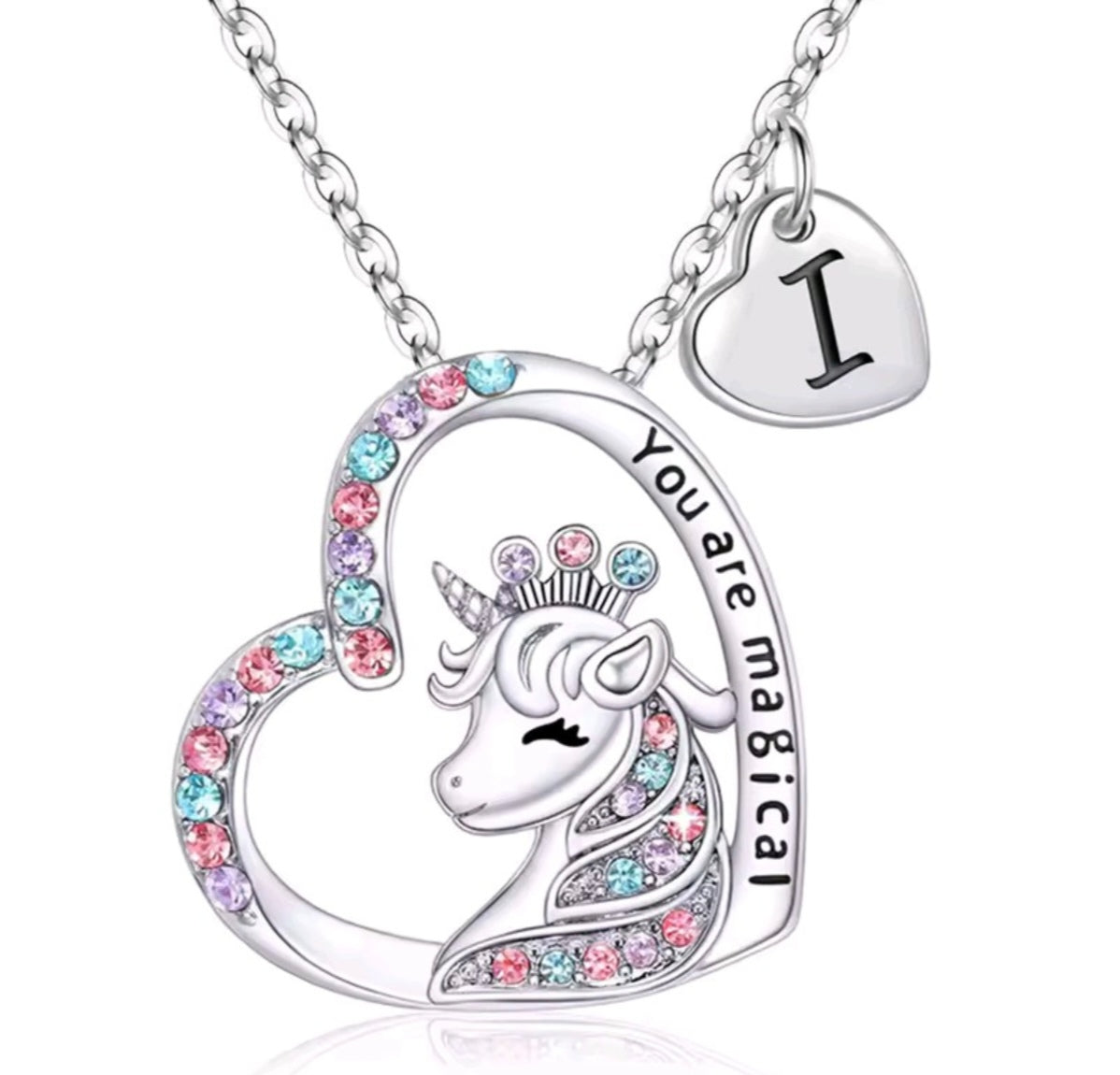 Initials letter heart unicorn necklace