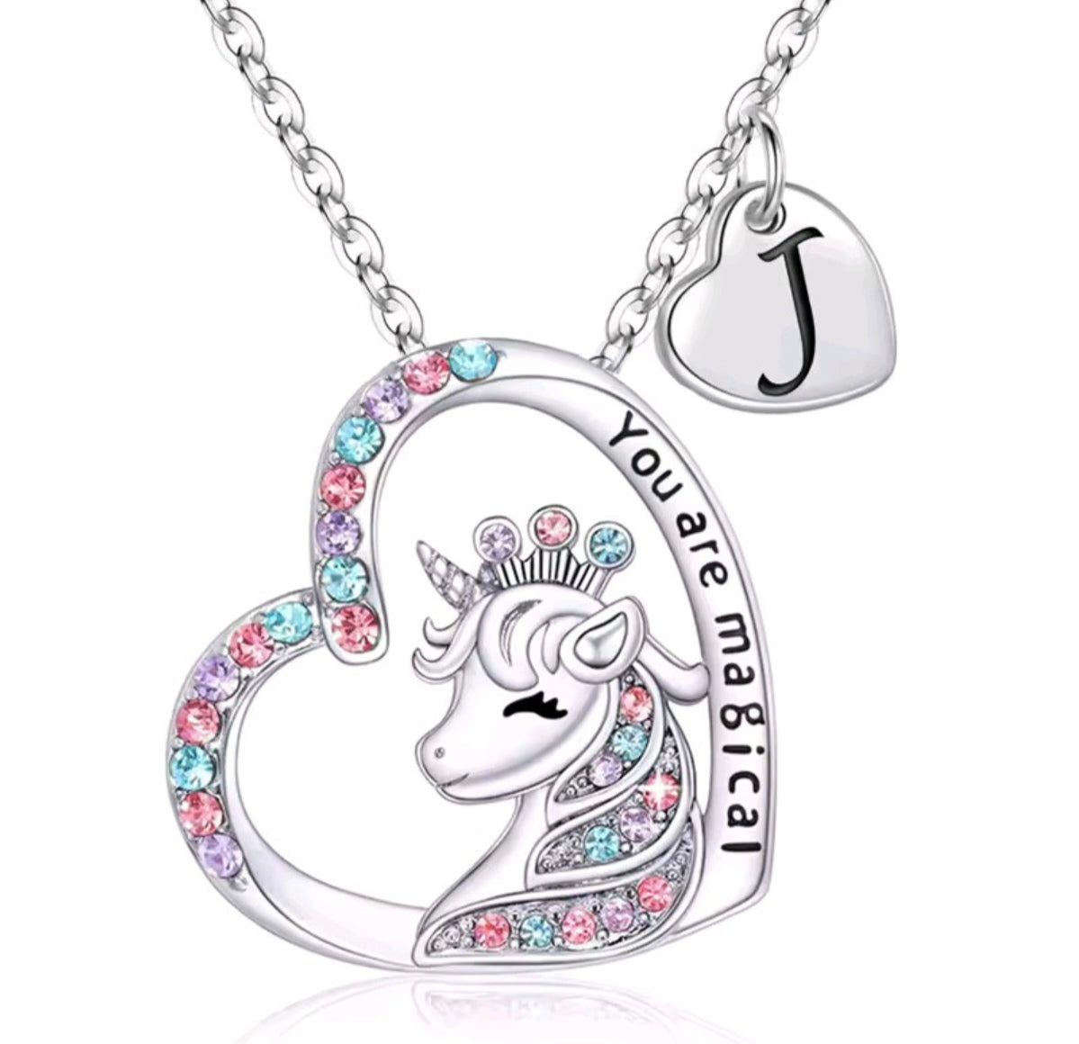 Initials letter heart unicorn necklace