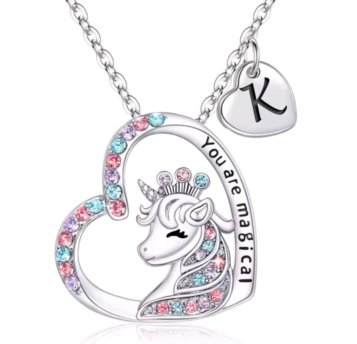 Initials letter heart unicorn necklace