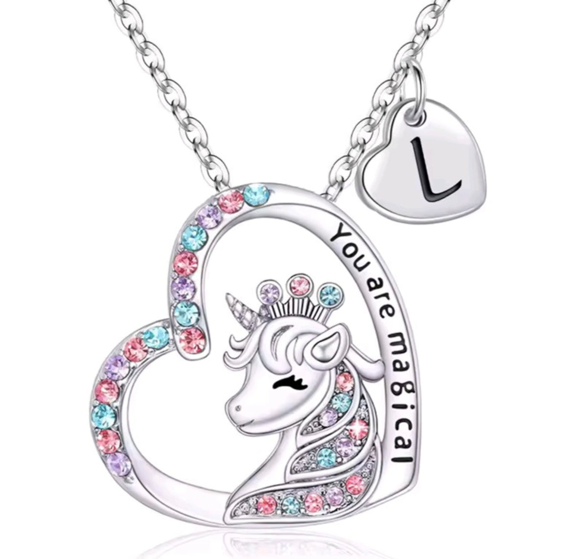 Initials letter heart unicorn necklace