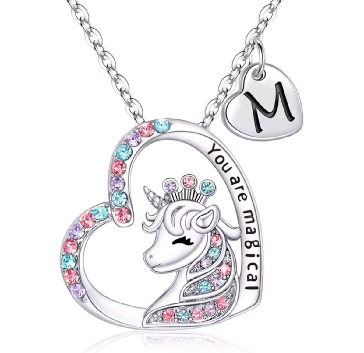 Initials letter heart unicorn necklace