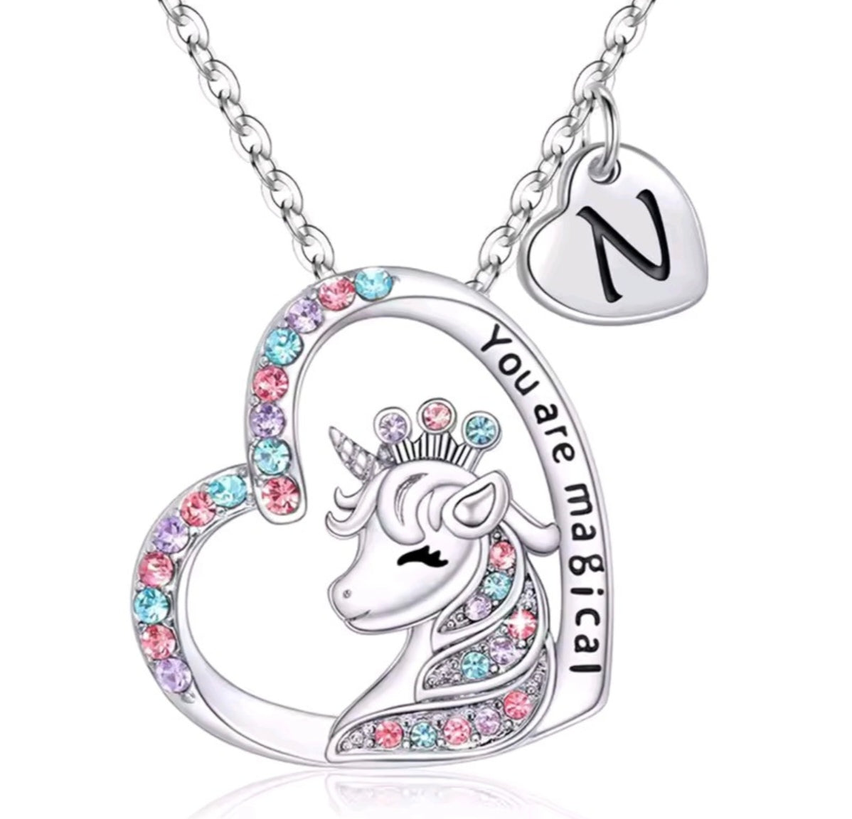 Initials letter heart unicorn necklace