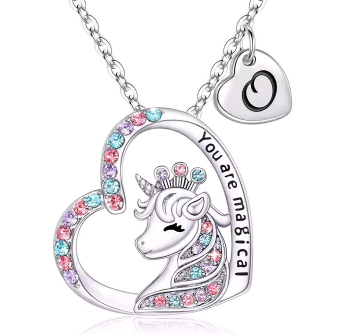 Initials letter heart unicorn necklace