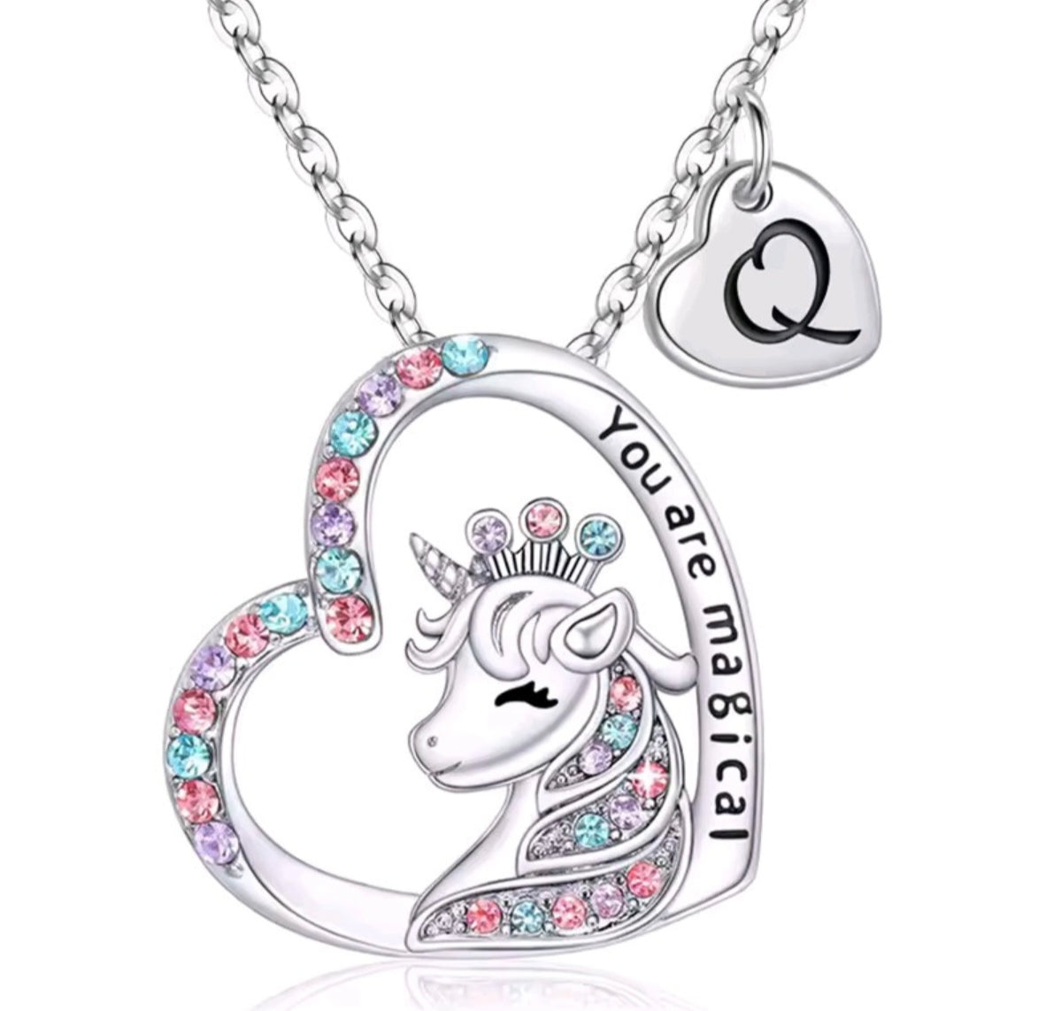 Initials letter heart unicorn necklace