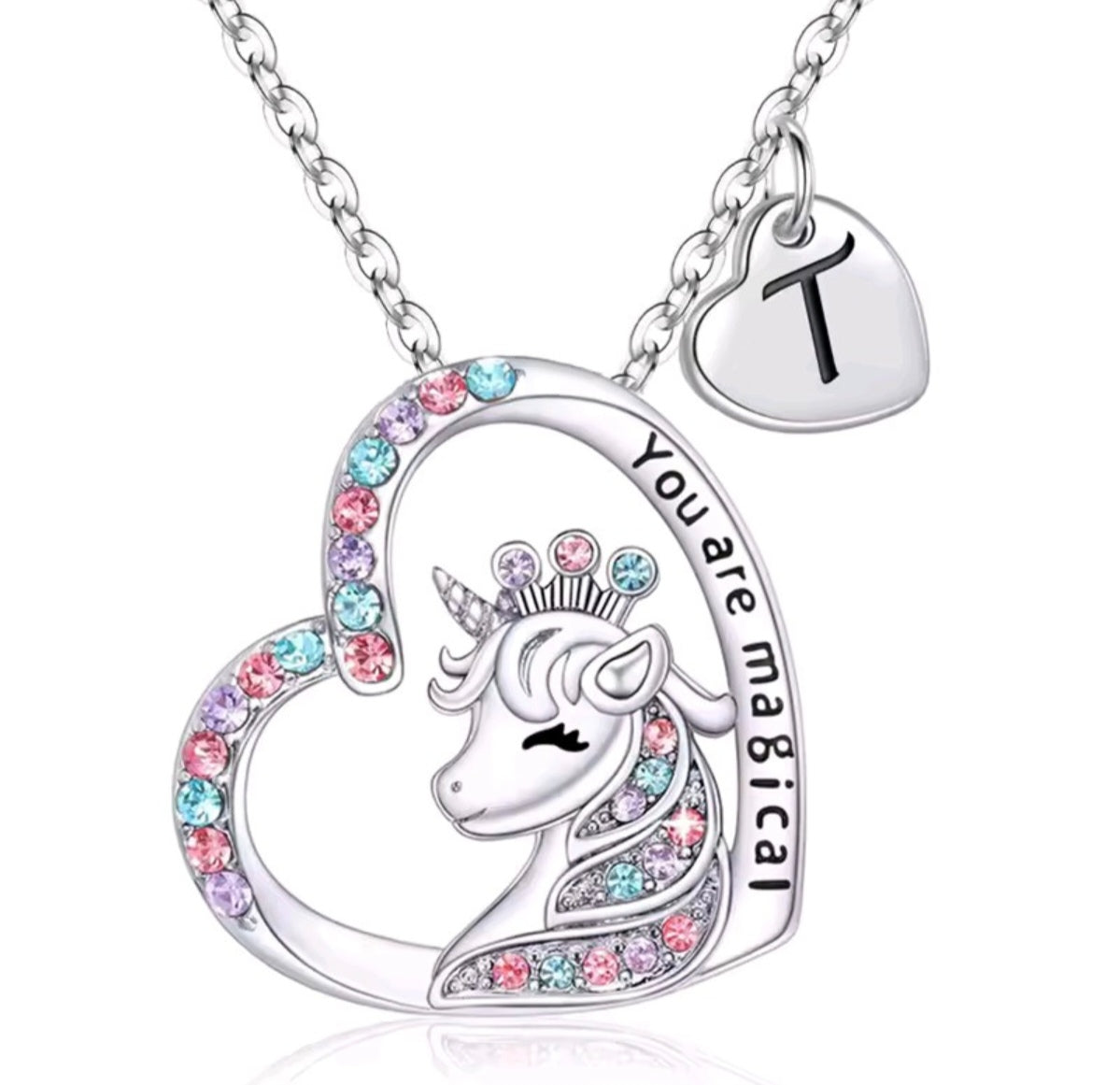 Initials letter heart unicorn necklace