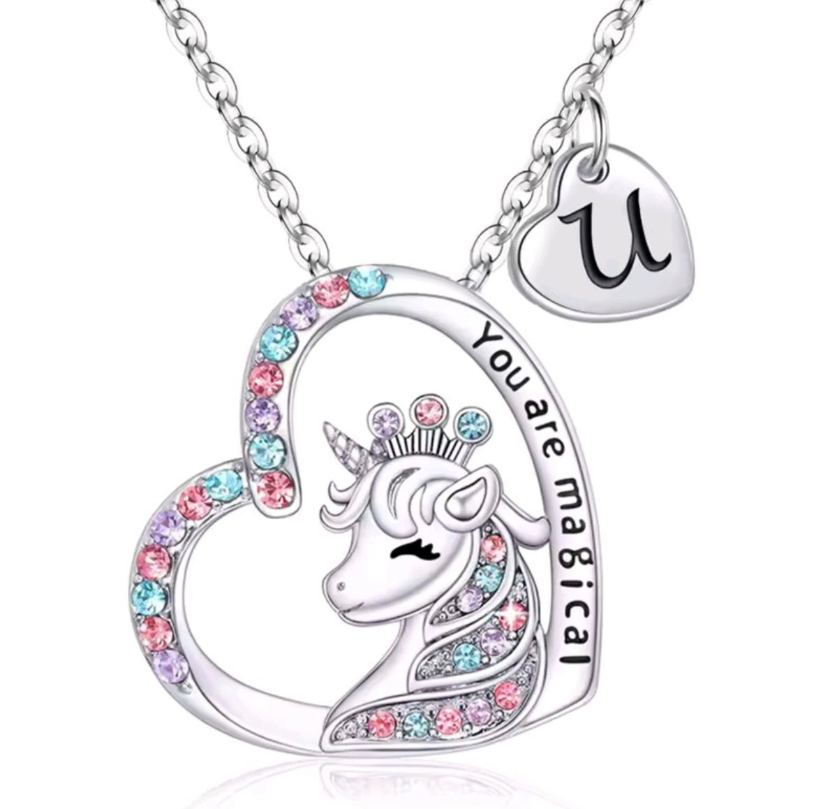 Initials letter heart unicorn necklace