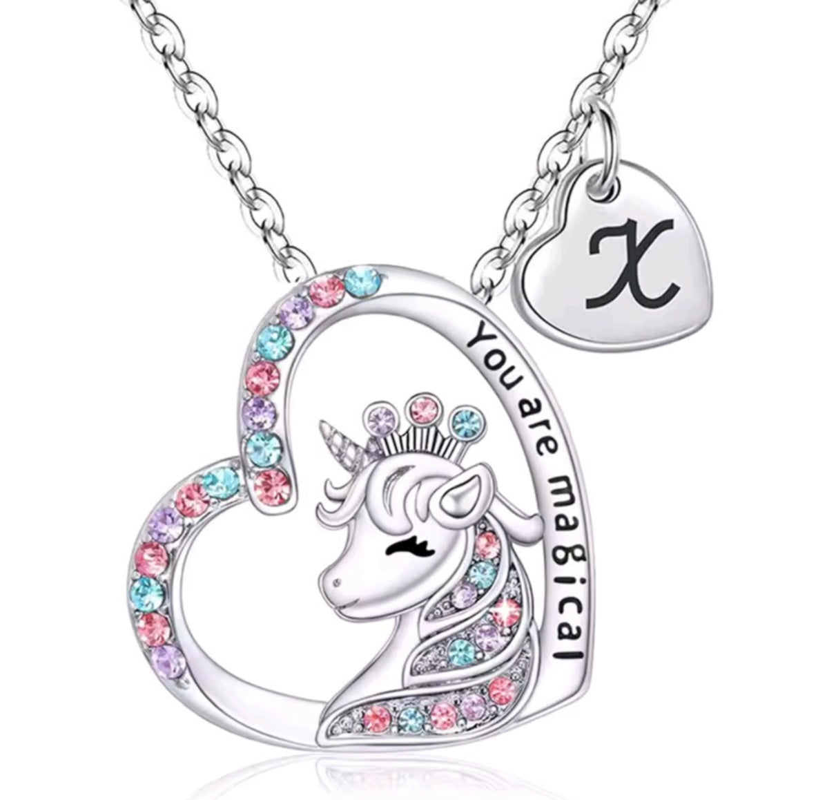 Initials letter heart unicorn necklace