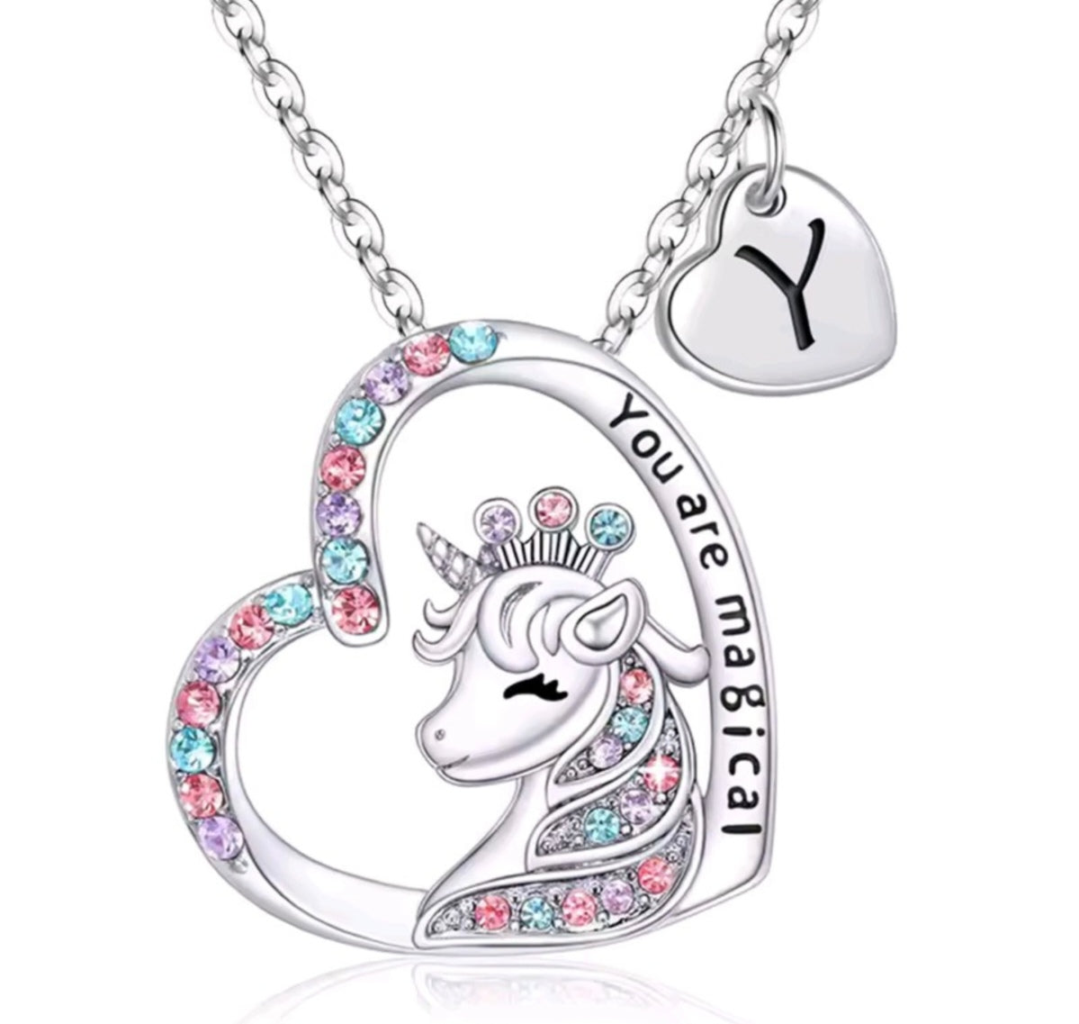 Initials letter heart unicorn necklace