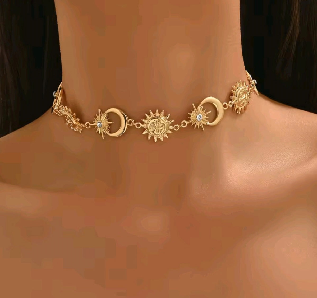 Celestial Sun & Moon Gold Choker Necklace