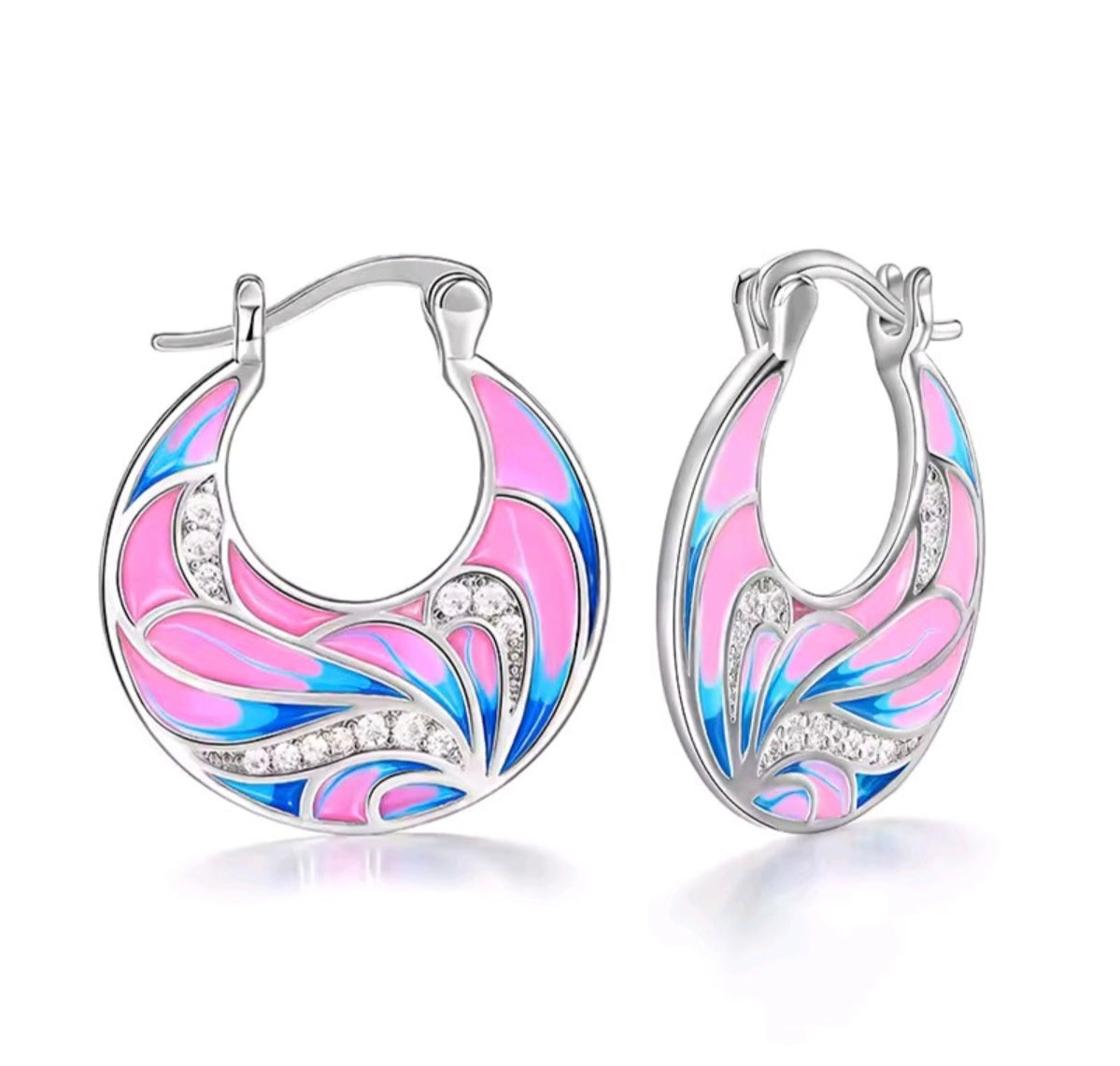925 Sterling Silver Blue & Pink Enamel Hoop Clip-On Earrings