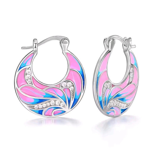 925 Sterling Silver Blue & Pink Enamel Hoop Clip-On Earrings