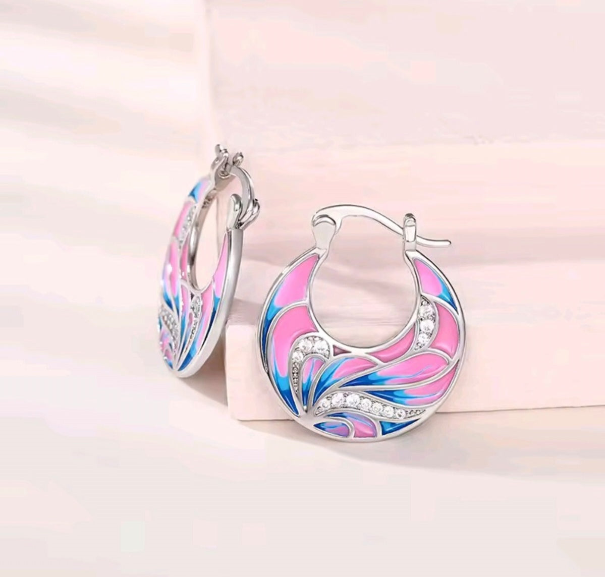 925 Sterling Silver Blue & Pink Enamel Hoop Clip-On Earrings