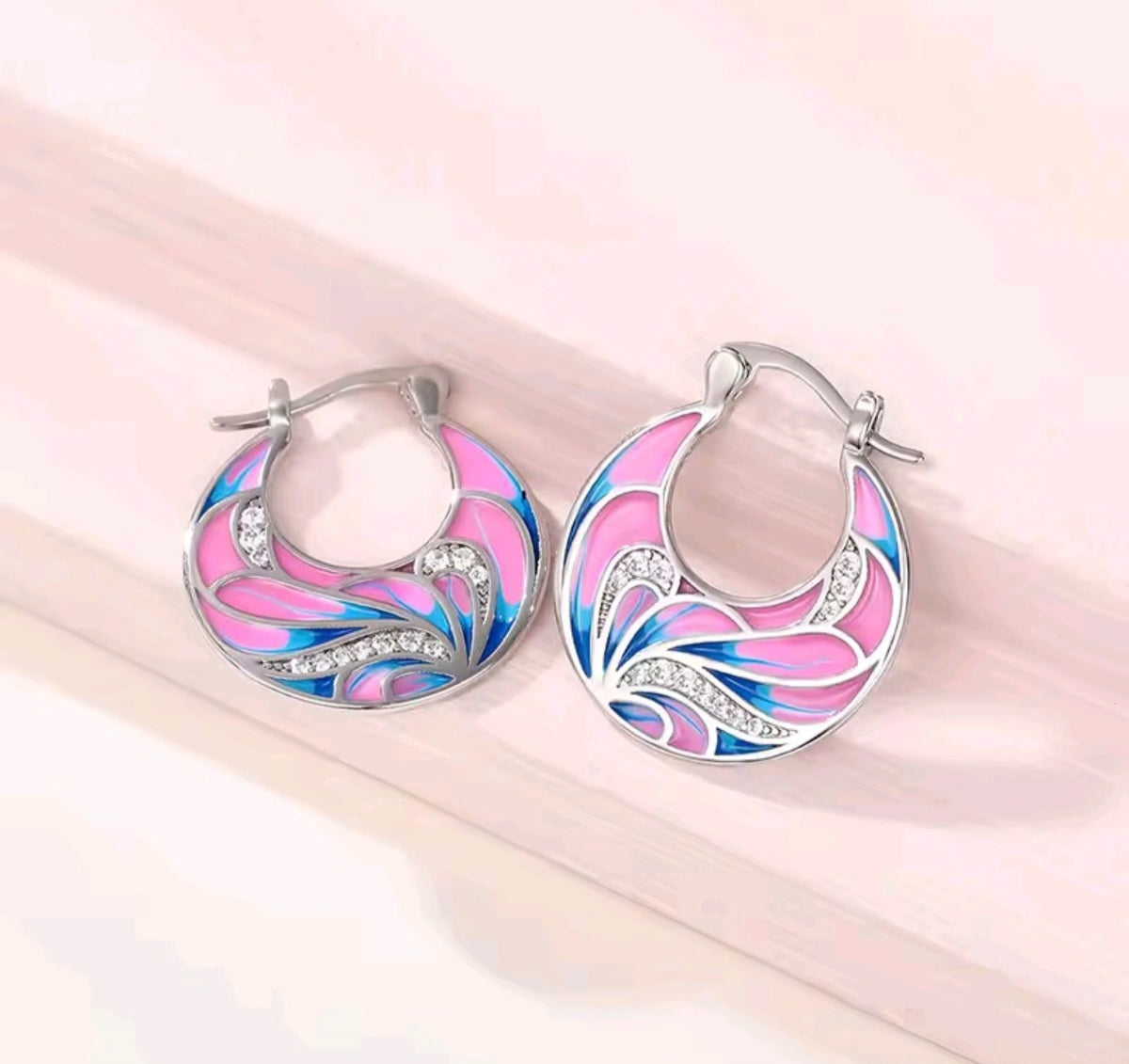 925 Sterling Silver Blue & Pink Enamel Hoop Clip-On Earrings